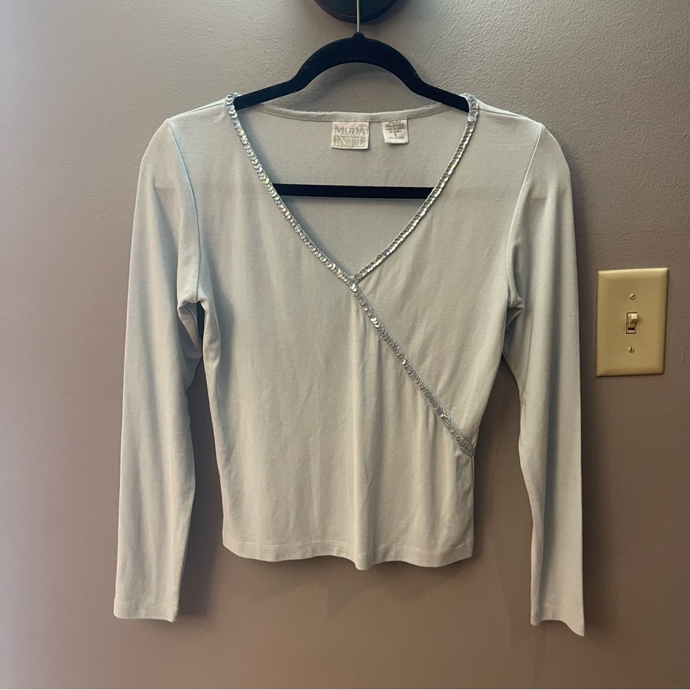 Vintage Y2K Moda International Silk long sleeve top with sequin beaded accents